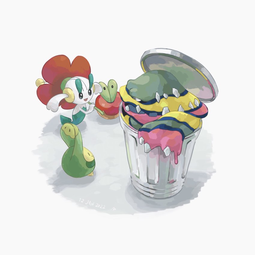 alolan_form alolan_muk applin black_eyes budew commentary_request dated floette floette_(red_flower) flower gen_4_pokemon gen_6_pokemon gen_7_pokemon gen_8_pokemon highres holding holding_flower mokuzou_(moku_ssbu) nintendo no_humans pokemon pokemon_(creature) red_flower signature trash_can white_background