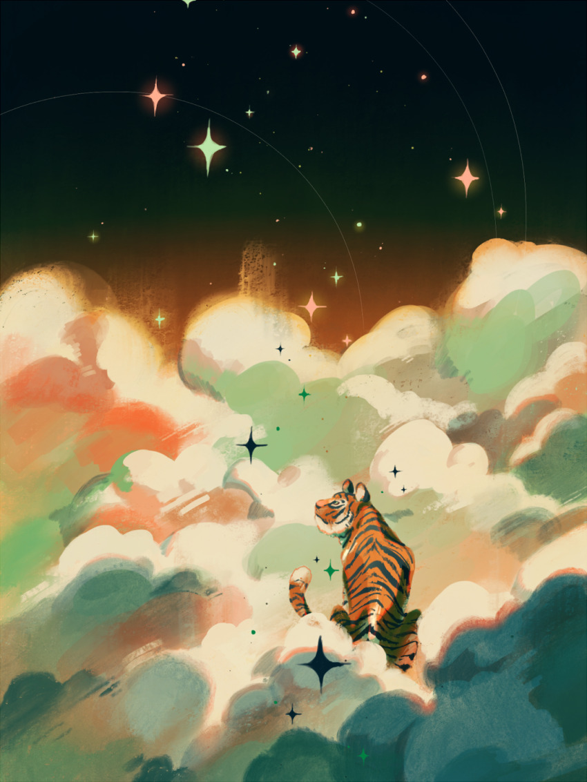 above_clouds analogous_colors animal animal_focus brown_sky closed_mouth cloud cloud_focus commentary english_commentary from_behind green_clouds highres jauni_(tofublock) looking_up mixed-language_commentary night night_sky no_humans on_cloud orange_clouds original outdoors profile sitting sky sky_focus sparkle star_(sky) starry_sky tiger
