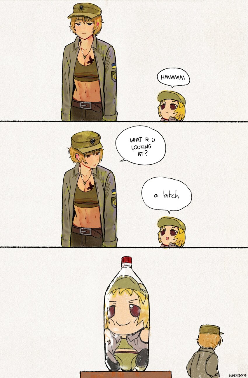 2girls abs absurdres bandeau belt black_shoes blonde_hair breast_tattoo breasts brown_belt chibi clone closed_mouth collarbone cross cross_necklace deformed dialogue_box ears_visible_through_hair english_text fang fumo_(doll) green_bandeau hands_in_pockets hat highres jacket jewelry leather_belt long_sleeves marichka medium_breasts military military_hat multiple_girls muscular muscular_female navel necklace obliques open_clothes open_jacket open_mouth original russo-ukrainian_war shoes short_hair skin_fang slouching smile stomach tattoo tryzub ukrainian_flag usergore white_background