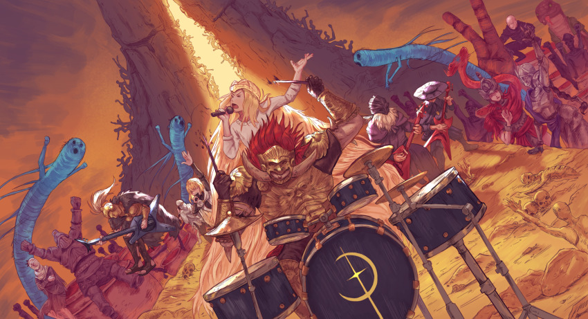 3girls 6+boys absurdly_long_hair armor armor_under_clothes bald band_(music) beard black_hair black_robe blonde_hair blue_surcoat braid brothers cape circlet cloak closed_eyes concert cuirass drum drum_set drumsticks dryleaf_dane elden_ring elden_ring:_shadow_of_the_erdtree electric_guitar everyone facial_hair fake_horns forked_tongue full_armor fur_cape gauntlets gold_armor gold_circlet gold_helmet graves green_cloak grey_facial_hair guitar half-siblings hat helm helmet highres holding holding_drumsticks horned_helmet horns hornsent_(elden_ring) instrument knight large_hat leather_armor long_hair mask messmer_the_impaler miquella_(elden_ring) monster moore_(elden_ring) multiple_boys multiple_girls music needle_knight_leda ornate ornate_armor patches_(fromsoftware) plate_armor playing_instrument promised_consort_radahn red_hair red_robe red_snake redmane_freyja rellana_twin_moon_knight reptile_girl rerebrace robe rya_(elden_ring) shoulder_armor siblings singing sir_ansbach snake snake_on_shoulder squatting standing tanoy thiollier_(elden_ring) tongue trap tunic very_long_hair wavy_hair white_cloak white_robe white_tunic winged_helmet yellow_eyes zorayas