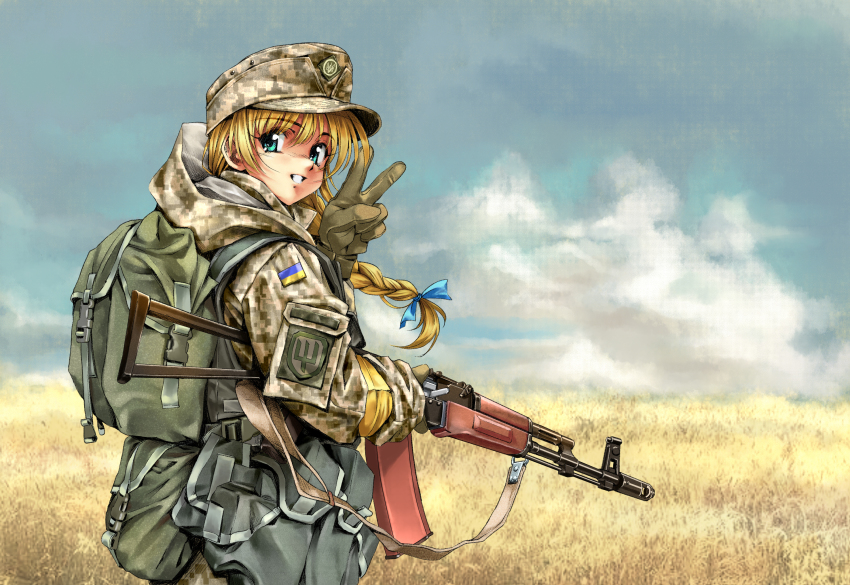 1girl ak-74 aks-74 ammunition_pouch armband assault_rifle backpack bag blonde_hair blue_eyes braid camouflage camouflage_headwear camouflage_jacket cloud commentary cowboy_shot day digital_camouflage field field_cap gloves green_gloves green_hat green_jacket gun gun_sling hat highres holding holding_gun holding_weapon hood hooded_jacket jacket kalashnikov_rifle long_braid long_hair long_sleeves longmei_er_de_tuzi magazine_(weapon) military military_combat_uniform military_uniform original outdoors pouch retro_artstyle rifle russo-ukrainian_war single_braid smersh solo symbol-only_commentary tactical_clothes ukraine ukrainian_ground_forces v weapon yellow_armband
