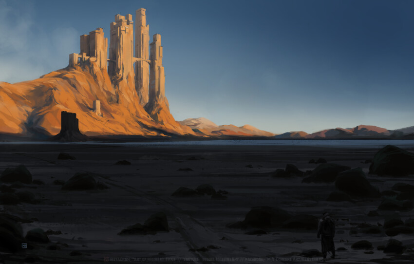 1boy absurdres artist_logo artist_name bridge building castle concept_art desert facebook_username fantasy fortress highres instagram_username landscape logo miguel_iglesias mountain original outdoors rock sand scenery sky solo standing tower watermark web_address youtube_username