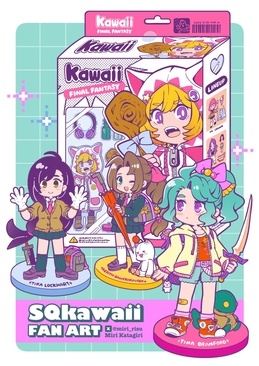 4girls absurdres aerith_gainsborough animal_hood aqua_hair aqua_shorts bag black_hair black_jacket black_skirt black_socks blonde_hair blush_stickers boots border breasts brown_boots brown_cardigan brown_eyes brown_hair buster_sword cardigan cat_hood character_name closed_mouth collared_shirt dated fang final_fantasy final_fantasy_ii final_fantasy_v final_fantasy_vi final_fantasy_vii flower full_body gloves gradient_background green_eyes hair_bobbles hair_ornament hair_ribbon hands_up headphones highres holding holding_staff holding_sword holding_umbrella holding_weapon hood hood_down hood_up hoodie jacket lenna_charlotte_tycoon lily_(flower) loafers long_hair low-tied_long_hair male_focus maria_(ff2) medium_breasts miri_(mirik) moogle multiple_girls nail_polish necktie official_alternate_costume one_eye_closed open_mouth parted_bangs pink_hair pink_nails pink_ribbon pleated_skirt ponytail purple_eyes purple_hair red_necktie red_shirt red_shoes ribbon sabotender school_uniform shirt shoes shorts shoulder_bag sidelocks skirt smile sneakers socks staff stuffed_animal stuffed_toy suit_jacket sword tifa_lockhart tina_branford tonberry twitter_username umbrella weapon white_border white_gloves white_mage_(final_fantasy) white_shirt white_socks yellow_flower yellow_hoodie
