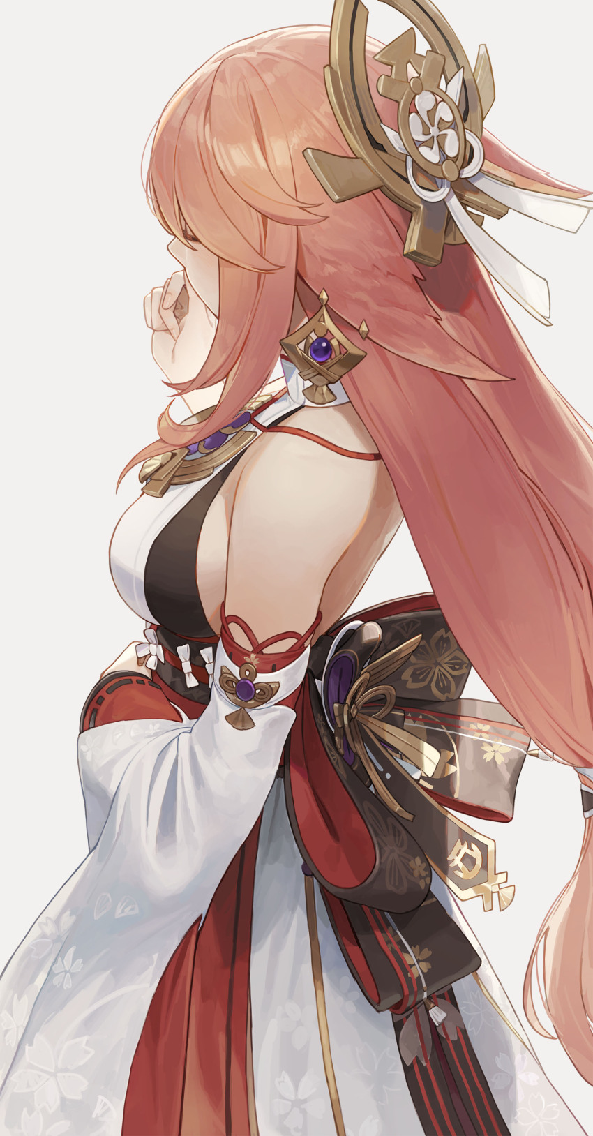 1girl absurdres animal_ears arm_around_waist armpits backless_outfit bare_shoulders breasts collared_dress cotta detached_sleeves dress earrings eyelashes female_focus fingernails floppy_ears fox_ears from_behind genshin_impact hair_between_eyes hair_ornament hand_to_own_mouth hand_up highres japanese_clothes jewelry large_breasts long_hair lots_of_jewelry low-tied_long_hair mihoyo miko neck necklace no_bra nontraditional_miko obi pendant pink_hair profile purple_eyes sash sideboob sidelocks simple_background sleeveless smug standing vision_(genshin_impact) white_background wide_sleeves yae_miko