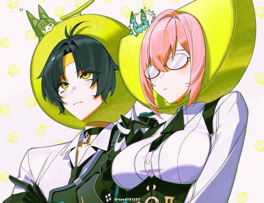 1boy 3girls animal_ears asaba_harumasa black_choker black_hair blue_oni blunt_bangs chibi choker collared_shirt food food_costume fox_ears fox_girl fruit glasses hair_between_horns headband horns hoshimi_miyabi melon multicolored_horns multiple_girls need191337 oni pink_hair shirt soukaku_(zenless_zone_zero) tsukishiro_yanagi two-tone_horns upper_body white_hair white_shirt yellow_eyes yellow_headband zenless_zone_zero