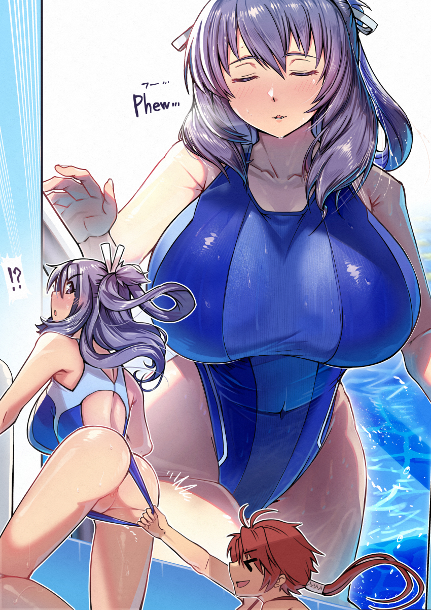 !? 1boy 1girl aaron_wei absurdres ahoge anus ao_no_kiseki ass back_cutout breasts clothing_cutout commission competition_swimsuit covered_navel crotch_pull double-parted_bangs eiyuu_densetsu falcom floating_hair giving_wedgie hair_between_eyes hair_rings highleg highres huge_breasts kuro_no_kiseki_(series) large_breasts mikiji one-piece_swimsuit panties panty_pull pixiv_commission ponytail pool purple_hair rixia_mao sidelocks swimsuit underwear water_drop wedgie zero_no_kiseki