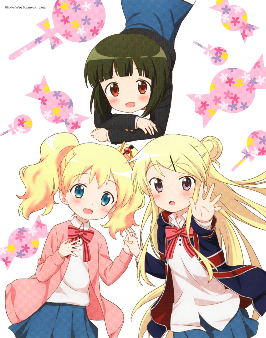 3girls :d absurdres alice_cartelet artist_name black_jacket blonde_hair blue_eyes blue_hoodie blue_skirt blush brown_eyes cardigan collared_shirt cowboy_shot from_above green_hair hair_bun hair_ornament hairclip hand_on_own_chest highres holding_hands hood hood_down hoodie jacket kin-iro_mosaic kujou_karen long_hair looking_at_viewer lying miniskirt moegi_high_school_uniform multiple_girls non-web_source official_art oomiya_shinobu open_cardigan open_clothes open_hoodie open_mouth pink_cardigan pleated_skirt purple_eyes reaching reaching_towards_viewer scan school_uniform shirt short_hair single_hair_bun skirt smile twintails ueta_kazuyuki white_shirt winter_uniform x_hair_ornament
