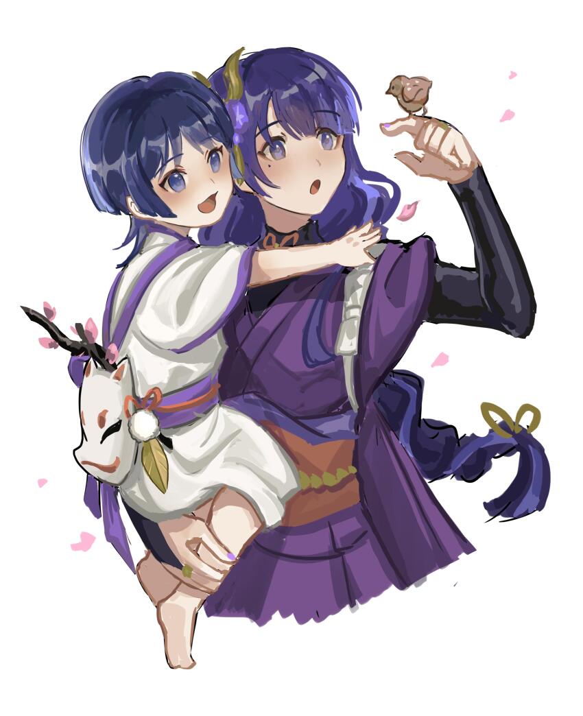 1boy 1girl absurdres aged_down awestruck barefoot bird bird_on_hand black_bridal_gauntlets black_hair black_shrug black_sleeves blunt_bangs blunt_ends blush bow bridal_gauntlets carrying child_carry cropped_legs eyeliner eyeshadow falling_petals feathers flower fox_mask genshin_impact gold_ring hair_flower hair_ornament hair_tie hand_on_another&#039;s_leg happy heads_together highres japanese_clothes kariginu kimono layered_sleeves long_hair long_sleeves looking_at_animal low-braided_long_hair low-tied_long_hair makeup mask middle_ring mole mole_under_eye momogourami mother_and_son multicolored_hair obi obiage obijime open_hand open_mouth outstretched_arm petals pink_petals pom_pom_(clothes) purple_eyes purple_flower purple_hair purple_kimono purple_nails purple_sash purple_sleeves raiden_shogun red_eyeliner red_eyeshadow sash scaramouche_(genshin_impact) scaramouche_(kabukimono)_(genshin_impact) short_sleeves shrug_(clothing) single_bridal_gauntlet streaked_hair swept_bangs tasuki white_background white_bow wide-eyed wide_sleeves yellow_feathers