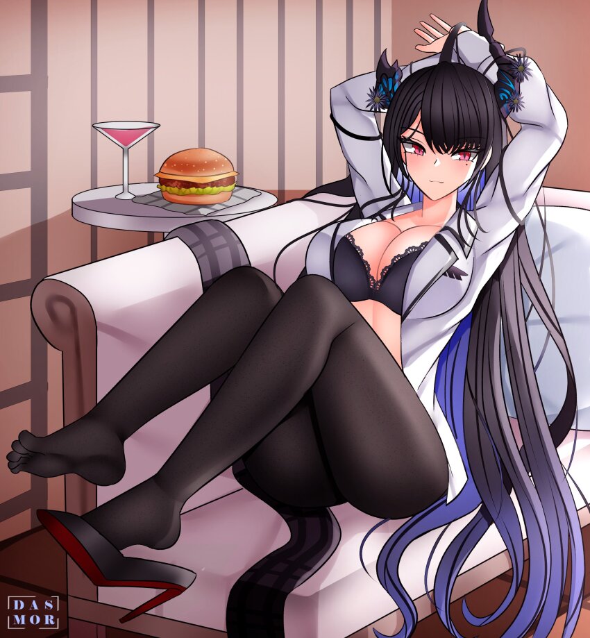 1girl asymmetrical_horns black_bra black_hair black_horns black_pantyhose blue_hair bra breasts burger cheese closed_mouth cocktail_glass colored_inner_hair commentary couch cup dasmortred drinking_glass english_commentary feet_up food gradient_hair high_heels highres hololive hololive_english horns knees_up lace lace-trimmed_bra lace_trim large_breasts long_hair looking_at_another meat multicolored_hair nerissa_ravencroft nerissa_ravencroft_(casual) official_alternate_costume on_couch pantyhose red_eyes shirt sitting slit_pupils solo table underwear virtual_youtuber white_shirt