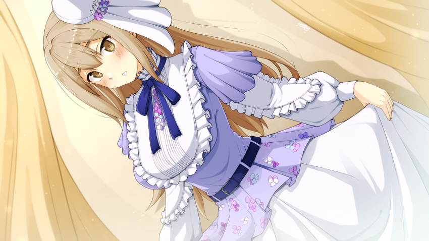 1girl aobara_hairi belt bib blue_belt blue_ribbon blush brown_eyes commentary_request double-parted_bangs dress dutch_angle embarrassed highres layered_dress layered_sleeves light_brown_hair long_hair long_sleeves looking_at_viewer neck_ribbon nijisanji official_alternate_costume puffy_long_sleeves puffy_sleeves purple_dress ribbon short_over_long_sleeves short_sleeves sister_claire sister_claire_(10th_costume) skirt_hold solo straight_hair textless_version tilted_headwear virtual_youtuber white_headwear