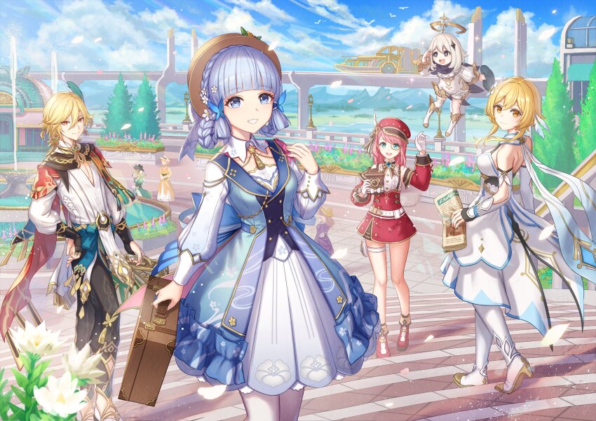 1boy 4girls absurdres anbe_yoshirou asymmetrical_sidelocks ayaka_(genshin_impact) belt black_scarf blonde_hair blue_butterfly blue_eyes blue_hair braid braided_hair_rings bridal_gauntlets briefcase brown_headwear bug bus butterfly cabbie_hat camera cape charlotte_(genshin_impact) cloud collar detached_sleeves dress earrings falling_petals feather_hair_ornament feathers floating flower fountain genshin_impact gloves gold_necklace gold_trim hair_flower hair_ornament hair_rings halo hat hat_flower high_heels highres holding holding_camera holding_newspaper holding_suitcase insect jewelry kamisato_ayaka kamisato_ayaka_(springbloom_missive) kaveh_(genshin_impact) light_blue_hair long_sleeves looking_at_viewer lumine_(genshin_impact) mandarin_collar mechanical_halo mehrak_(genshin_impact) monocle motor_vehicle multicolored_dress multiple_girls neck_tassel necklace newspaper official_alternate_costume official_alternate_hairstyle open_mouth outdoors paimon_(genshin_impact) pantyhose petals puffy_detached_sleeves puffy_long_sleeves puffy_sleeves red_cape red_headwear red_sleeves scarf short_hair_with_long_locks single_thighhigh sky smile standing suitcase suspenders thigh_strap thighhighs tree water white_belt white_collar white_dress white_flower white_gloves white_hair white_pantyhose yellow_eyes