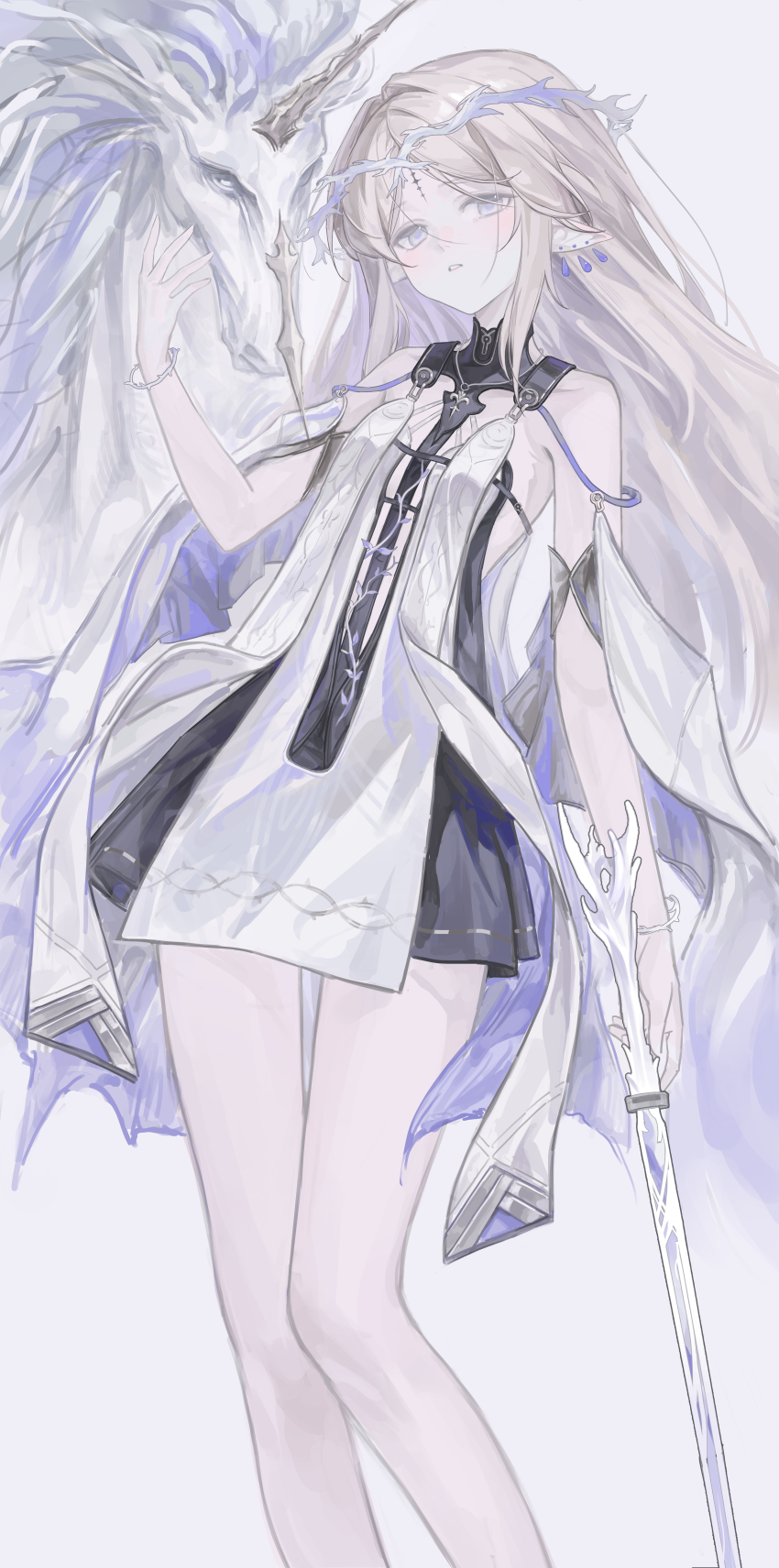 1girl absurdres bare_shoulders black_collar black_dress blonde_hair blue_eyes cartethyia_(wuthering_waves) collar commentary cowboy_shot crown_of_thorns dress earrings hand_up highres holding holding_sword holding_weapon imperator_(wuthering_waves) jewelry long_hair looking_at_viewer necklace parted_bangs parted_lips pointy_ears sidelocks solo sword tabard tacet_mark_(wuthering_waves) thighs unicorn weapon white_tabard wuthering_waves yaoyao_(yoyo27456335489)