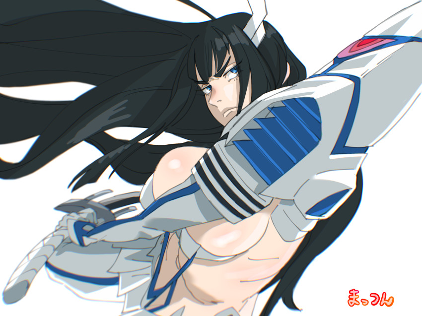 1girl bakuzan black_hair blue_eyes breasts commentary highres holding holding_sword holding_weapon junketsu kill_la_kill kiryuuin_satsuki life_fiber living_clothes long_hair mattsun_(lyohei) revealing_clothes simple_background solo sword thick_eyebrows weapon white_background