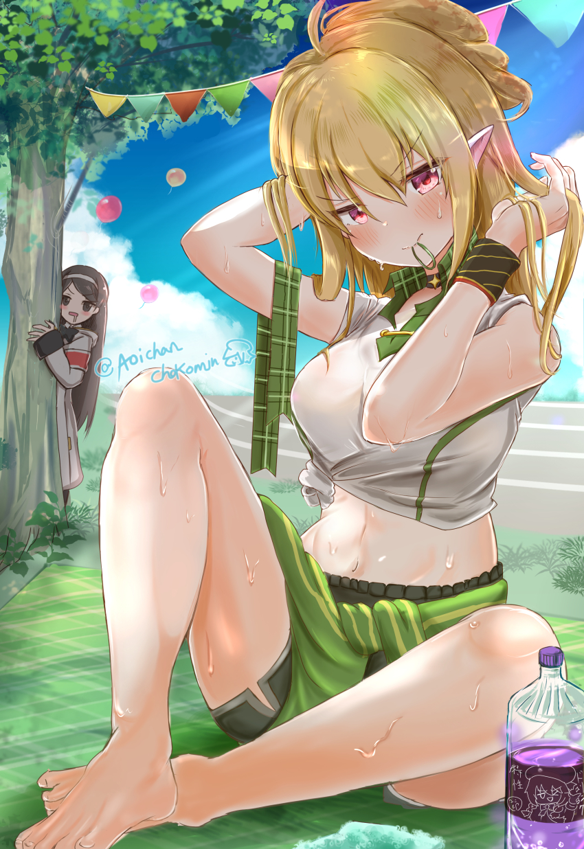 2girls absurdres balloon bare_legs barefoot behind_tree blonde_hair blue_sky blush bottle brown_hair check_commentary chloe_(princess_connect!) chloe_(school_festival)_(princess_connect!) chokomin cloud collared_shirt commentary commentary_request day drink drooling frown gym_uniform hair_tie hair_tie_in_mouth hands_in_hair highres light_rays long_sleeves looking_at_viewer midriff mouth_hold multiple_girls navel outdoors pink_eyes pointy_ears ponytail princess_connect! racetrack shirt shorts sidelocks signature sitting sky sleeves_rolled_up sunbeam sunlight sweat tied_shirt tree