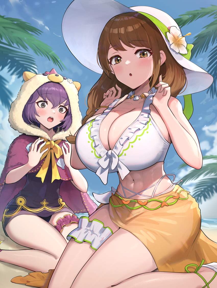 2girls :o abs adjusting_clothes adjusting_swimsuit beach bernadetta_von_varley bernadetta_von_varley_(summer) bikini blush braid braided_ponytail breast_envy breasts brown_hair cleavage fire_emblem fire_emblem:_three_houses fire_emblem_engage fire_emblem_heroes flower flower_hat frilled_bikini frilled_thigh_strap frills front-tie_top goldmary_(fire_emblem) goldmary_(summer)_(fire_emblem) gonzarez grey_eyes hair_between_eyes halterneck hands_up hat highres hood huge_breasts long_hair looking_at_viewer mole mole_on_breast multiple_girls narrowed_eyes navel nintendo ocean official_alternate_costume one-piece_swimsuit open_mouth purple_hair sarong sitting skindentation sky strap_pull swept_bangs swimsuit thigh_strap thighs white_bikini white_flower white_hat