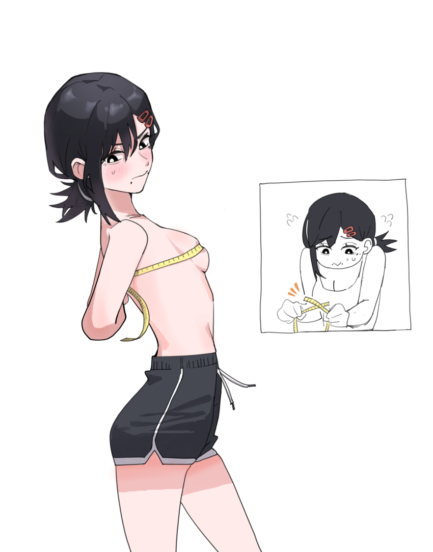 1girl blush bust_measuring chainsaw_man dolphin_shorts higashiyama_kobeni highres measuring moti1250 shorts simple_background solo tape_measure topless_female white_background