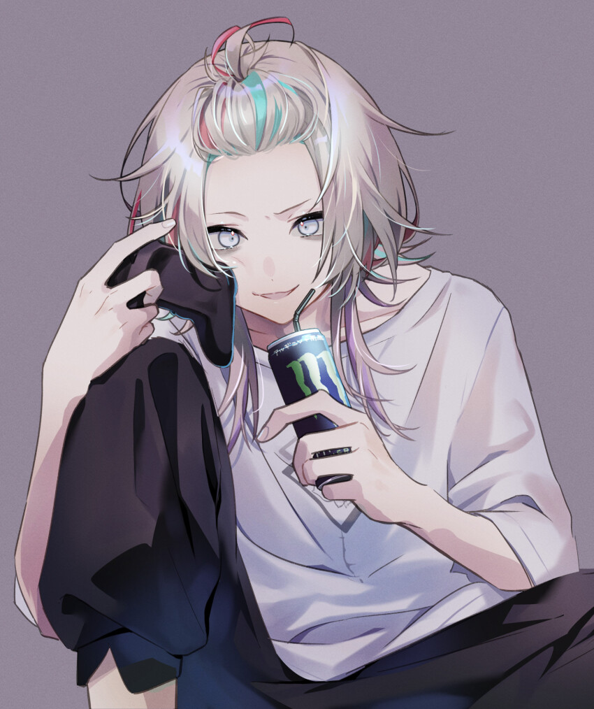 1boy baggy_clothes blonde_hair blue_eyes blue_hair colored_inner_hair controller drink drinking_straw furrowed_brow game_controller grey_background highres holding holding_controller holding_drink holostars looking_ahead luma8b male_focus monster_energy multicolored_hair pants parted_lips pink_hair shirt sitting smile solo sweatpants utsugi_uyu virtual_youtuber white_shirt
