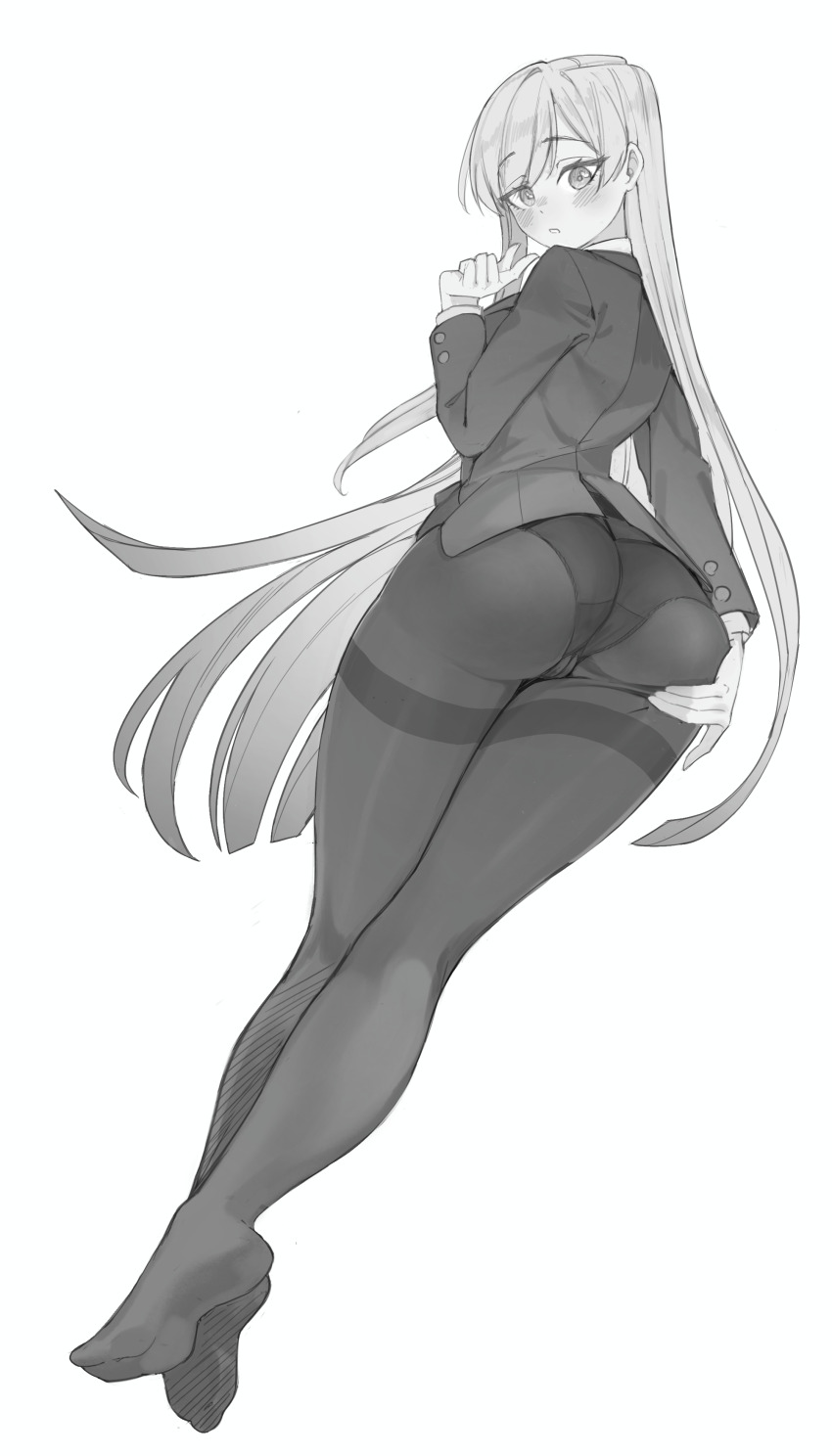 1girl absurdres ass ass_lift ass_support black_pantyhose blush eiai_nano full_body greyscale highres hornfelstone kimi_no_koto_ga_dai_dai_dai_dai_daisuki_na_100-nin_no_kanojo long_hair monochrome panties panties_visible_through_clothes pantyhose simple_background sketch underwear white_background