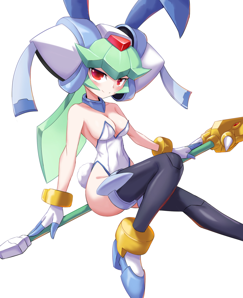 1girl animal_ears bare_shoulders blush breasts cleavage fake_animal_ears fake_bunny_ears female_focus green_hair helmet highres leotard medium_breasts mega_man_(series) mega_man_zx pandora_(mega_man) playboy_bunny rabbit_ears red_eyes smile staff tagme white_leotard zerokun135