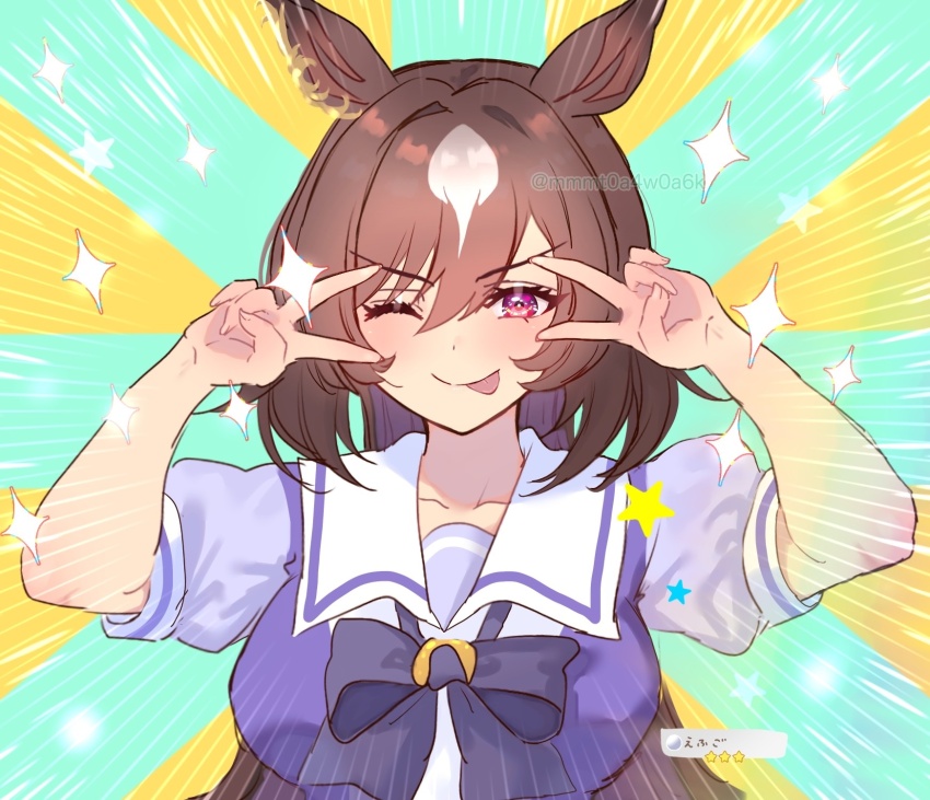 1girl animal_ears blush bow breasts brown_hair double_v ear_ornament emotional_engine_-_full_drive fate_(series) gameplay_mechanics hair_between_eyes highres horse_ears horse_girl large_breasts long_hair looking_at_viewer mmm_(mmm623) multicolored_hair one_eye_closed puffy_short_sleeves puffy_sleeves purple_bow purple_shirt red_eyes school_uniform shirt short_sleeves sirius_symboli_(umamusume) smile solo striped_background tongue tongue_out tracen_school_uniform translation_request twitter_username umamusume v