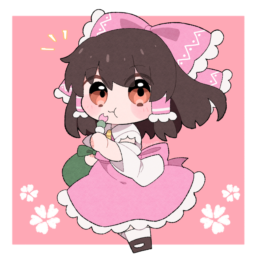 1girl :t alternate_color bag blush_stickers bow brown_eyes brown_hair chibi commentary_request dango detached_sleeves eating food full_body hair_bow hair_tubes hakurei_reimu highres holding holding_food long_hair sanshoku_dango skirt skirt_set socks solo touhou uzuki_(amayadori) wagashi