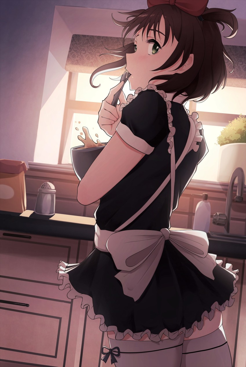 1girl absurdres apron baking black_dress bow breasts brown_hair commentary commission dress flour frills green_eyes gueya hair_bow highres hiroishi_rin indoors kitchen looking_at_viewer looking_back maid maid_apron red_bow sink solo spoon standing tasting thighhighs utensil_in_mouth white_thighhighs window zettai_shougeki