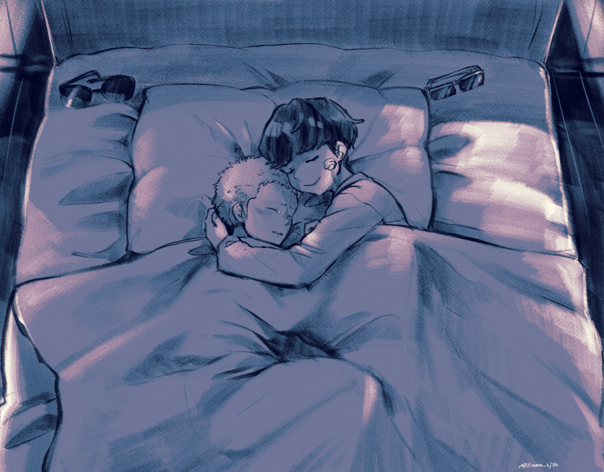 2boys aged_down amane_(yukiango69) bed closed_eyes closed_mouth donquixote_doflamingo highres hug long_sleeves lying male_focus monochrome multiple_boys on_side one_piece parted_lips pillow short_hair signature sleeping smile sunglasses under_covers unworn_eyewear vergo_(one_piece)