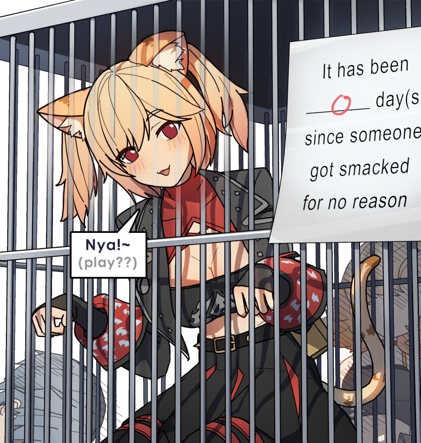 1boy 2girls animal_ears black_jacket black_skirt blonde_hair breasts burnice_white cage cat_ears cat_girl cat_tail cleavage commentary dorahdew english_commentary grey_hair highres jacket large_breasts multiple_girls open_clothes paw_pose piper_wheel pleated_skirt red_eyes short_hair short_twintails skirt strapless tail tube_top twintails wise_(zenless_zone_zero) zenless_zone_zero