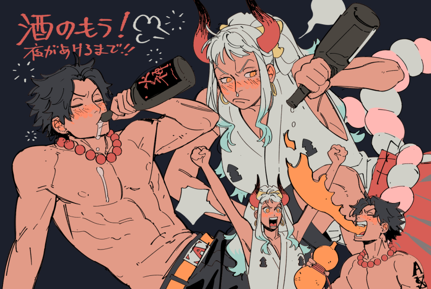 1boy 1girl alcohol aqua_hair arm_tattoo armband arms_up bare_arms bare_shoulders bead_necklace beads belt black_background black_hair black_pants blank_speech_bubble blush bottle breasts breath_weapon breathing_fire clenched_hand closed_eyes clothing_cutout collarbone drinking drunk earrings empty_bottle english_text fire freckles frown furrowed_brow gourd hair_ornament hakama holding holding_bottle holding_gourd horns japanese_clothes jewelry liquid long_hair looking_at_another looking_at_object looking_up necklace nipples nyan_2020 one_piece oni open_mouth orange_pupils pants portgas_d._ace pouring rope runny_nose shimenawa short_hair sitting sleeveless snot speech_bubble tattoo translation_request white_hair yamato_(one_piece)