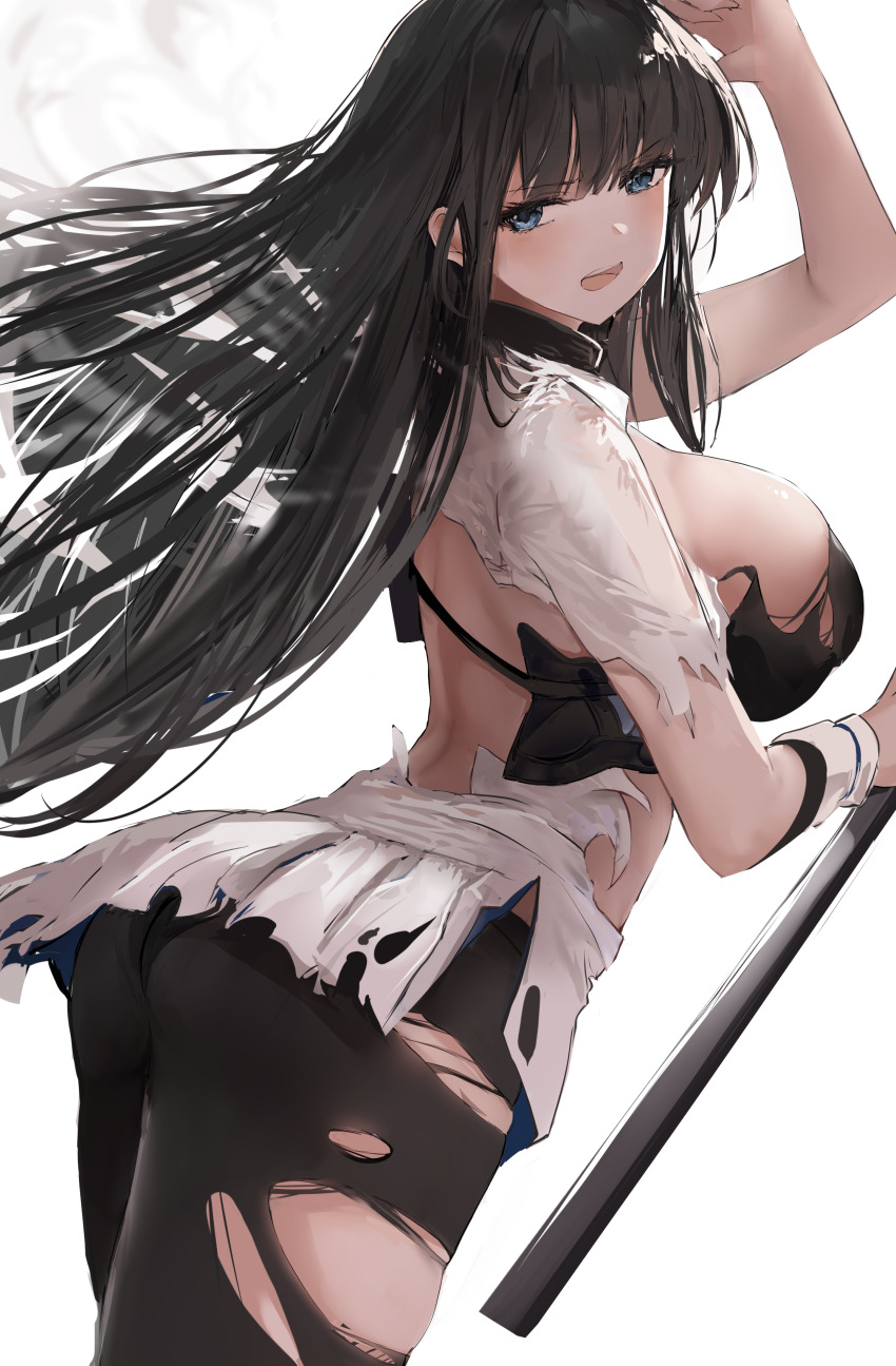 1girl absurdres ass azur_lane black_hair black_pantyhose blue_eyes blush breasts highres ikaruga_(senran_kagura) katana large_breasts liaowen long_hair looking_at_viewer looking_back pantyhose senran_kagura sheath solo sword torn_clothes torn_pantyhose weapon