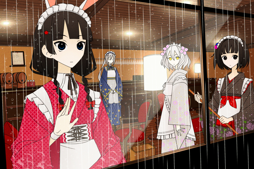 4girls amemori_sayo apron black_hair blue_eyes blue_kimono braid broom brown_eyes chair closed_eyes closed_mouth commentary_request counter expressionless floral_print floral_print_kimono flower from_outside grey_kimono hair_bobbles hair_flower hair_ornament hair_over_shoulder hairclip hand_on_window higuchi_kaede hinoyama_ena holding holding_broom japanese_clothes kimono kudou_chitose kumeta_kouji_(style) lamp long_hair long_sleeves looking_at_viewer looking_outside low_twin_braids maid maid_apron maid_headdress multiple_girls nijisanji one_side_up own_hands_together pink_flower ponytail print_kimono rain restaurant sayagata sayonara_zetsubou_sensei shippou_(pattern) short_hair tsukino_mito twin_braids two-handed unmoving_pattern v_arms virtual_youtuber wa_maid water_drop white_hair yagasuri yellow_eyes
