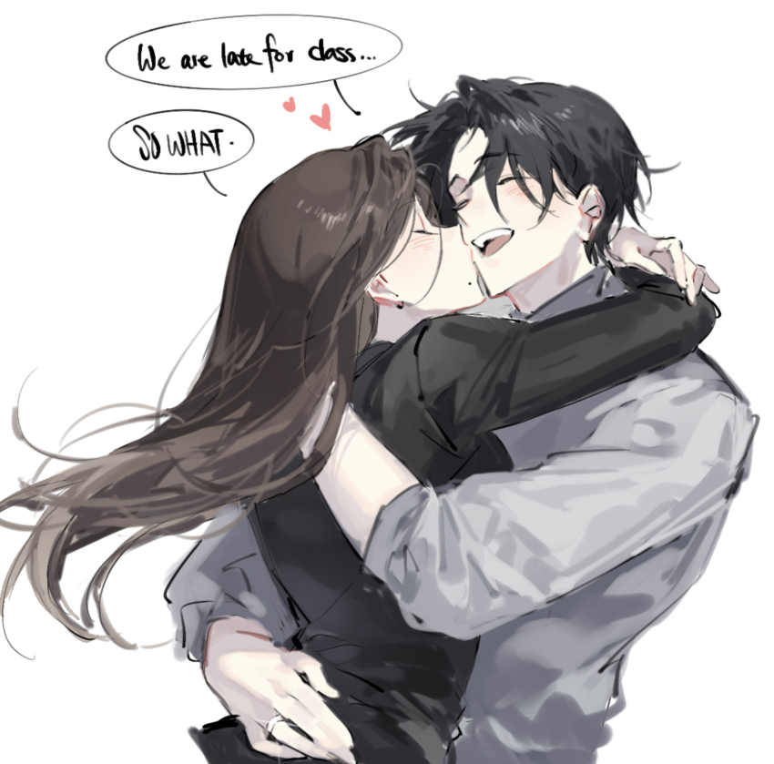 1boy 1girl aged_up alternate_universe black_hair black_jacket blush closed_eyes earrings english_text heart highres hug jacket jewelry jujutsu_kaisen kiss kissing_cheek mole mole_under_mouth oarfish_(artist) okkotsu_yuuta orimoto_rika ring smile sweater white_background white_sweater