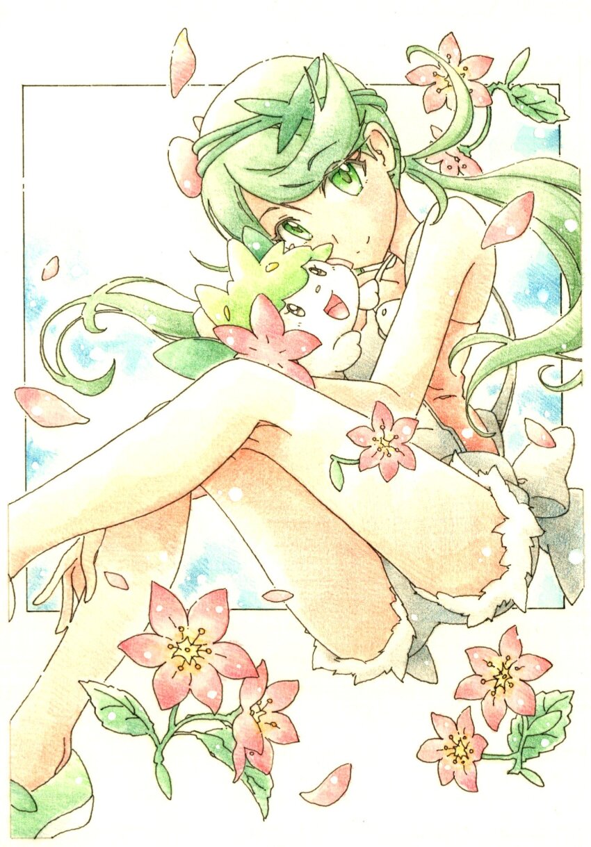 1girl ass bare_shoulders flower gen_4_pokemon green_eyes green_hair hair_flower hair_ornament highres inori_(pokemoart) legendary_pokemon long_hair mallow_(pokemon) mythical_pokemon nintendo overall_shorts overalls pokemon pokemon_sm shaymin shaymin_(land) shoes sitting sleeveless twintails