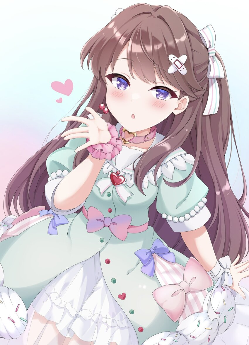 1girl \||/ aqua_dress bandaid bandaid_hair_ornament blowing_kiss blush brown_hair choker collarbone commentary_request cowboy_shot dress frilled_dress frilled_sailor_collar frills fujishima_megumi hair_ornament hair_ribbon hakuchu_a_la_mode heart heart_o-ring heart_ring_choker highres layered_dress link!_like!_love_live! long_hair looking_at_viewer love_live! o-ring o-ring_choker official_alternate_costume open_mouth pink_choker puffy_short_sleeves puffy_sleeves purple_eyes ribbon sailor_collar sailor_dress short_sleeves solo tenshoo two_side_up virtual_youtuber white_ribbon white_sailor_collar x_hair_ornament