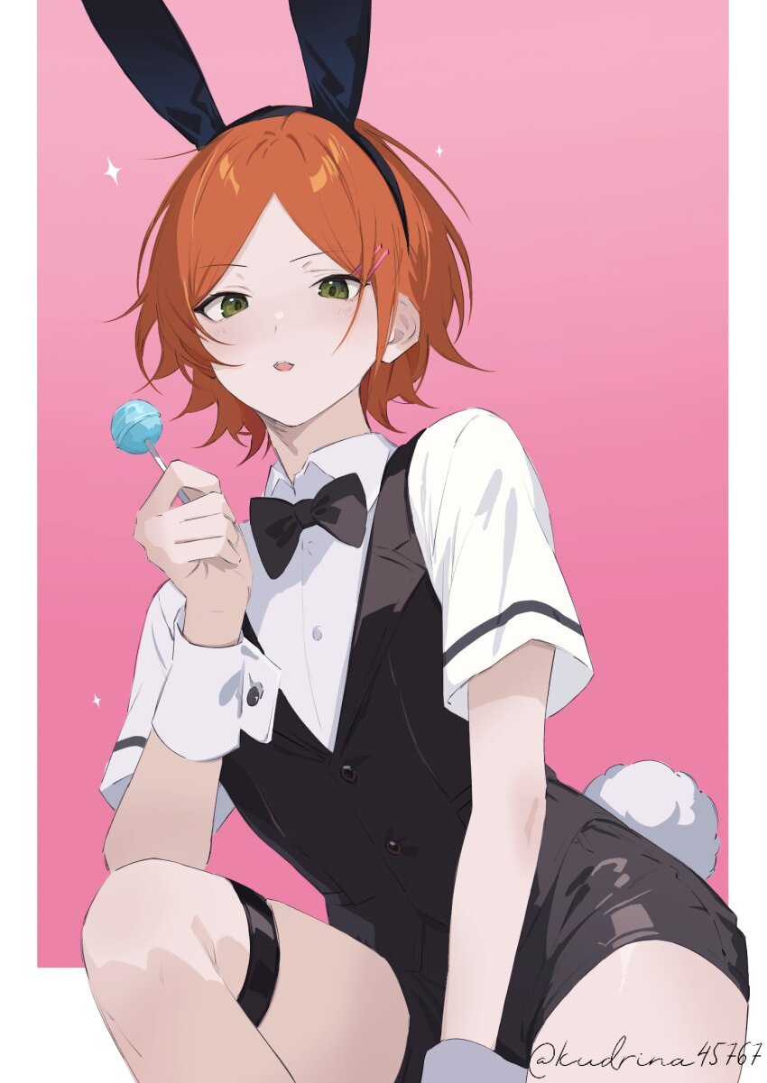 1boy animal_ear_headband animal_ears aoi_hinata arched_back arm_between_legs black_bow black_bowtie black_shorts black_vest bow bowtie buttons candy collared_shirt cowboy_shot ensemble_stars! food green_eyes hair_ornament hairclip highres holding holding_candy holding_food kina_(2winkin) knee_up lapels light_smile lollipop looking_at_viewer male_focus male_playboy_bunny orange_hair parted_bangs parted_lips pink_background rabbit_ears rabbit_tail shirt short_hair short_sleeves shorts sitting sparkle tail thigh_strap vest waistcoat white_shirt wrist_cuffs
