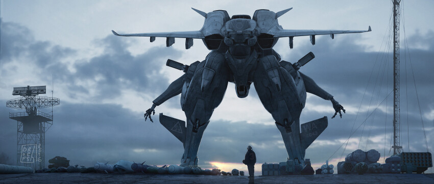 absurdres aircraft airfield airplane canards cloud commentary dawn dofresh english_commentary gerwalk highres jet macross mecha original pilot radar_dish realistic robot science_fiction sunrise tower transformation variable_fighter