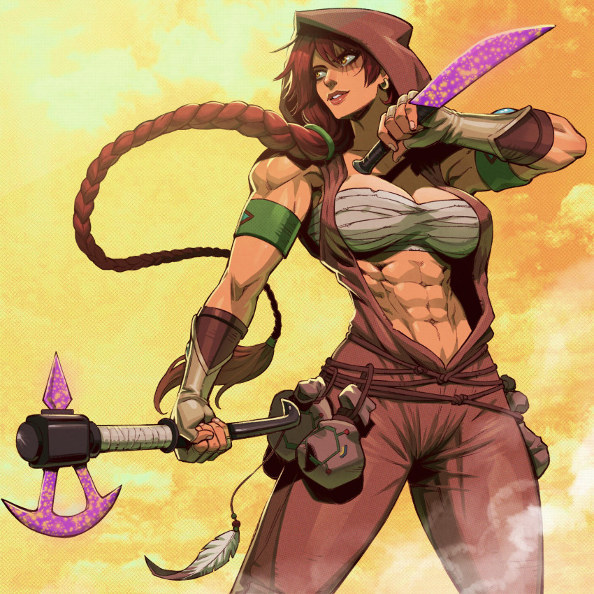 1girl abs absurdres asymmetrical_dual_wielding axe borrowed_weapon breasts chest_sarashi cleavage danusko dual_wielding earrings facepaint feathers gloves highres holding jewelry knife large_breasts long_braid long_hair muscular muscular_female open_clothes orange_background orange_eyes original pouch red_hair sarashi solo toned