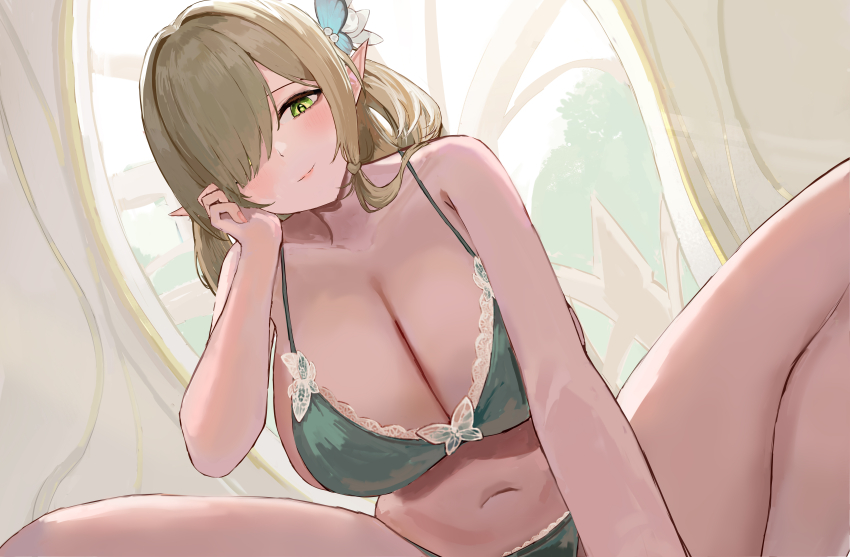 1girl absurdres azur_lane bare_shoulders bra breasts butterfly_hair_ornament closed_mouth de_zeven_provincien_(azur_lane) de_zeven_provincien_(snuggling_for_warmth)_(azur_lane) green_bra green_eyes green_hair green_panties hair_ornament hair_over_one_eye hand_on_own_cheek hand_on_own_face highres huge_breasts indoors looking_at_viewer medium_hair midriff navel panties pointy_ears smile solo spread_legs suo_bu_ye_feng thick_thighs thighs underwear