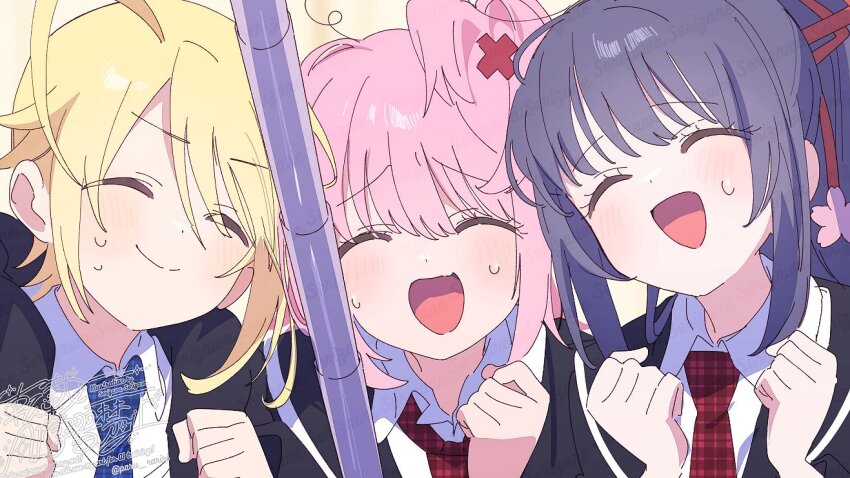1girl 2boys ^_^ ahoge black_jacket blonde_hair blue_necktie cherry_blossoms clenched_hand clenched_hands closed_eyes closed_mouth collared_jacket collared_shirt crossdressing derivative_work dot_nose eyelashes flower fujisaki_nadeshiko hair_between_eyes hair_flower hair_ornament hair_ribbon high_ponytail hinamori_amu hotori_tadase jacket laughing multiple_boys necktie nervous_smile one_side_up open_clothes open_jacket open_mouth pink_flower pink_hair plaid_clothes plaid_necktie pole ponytail purple_hair red_necktie red_ribbon ribbon school_uniform screenshot_redraw seiyo_academy_school_uniform serizawa_serizane shirt short_hair shugo_chara! smile sweat sweatdrop swept_bangs trap twitter_username unmoving_pattern upper_body vest watermark white_shirt white_vest x_hair_ornament yellow_background