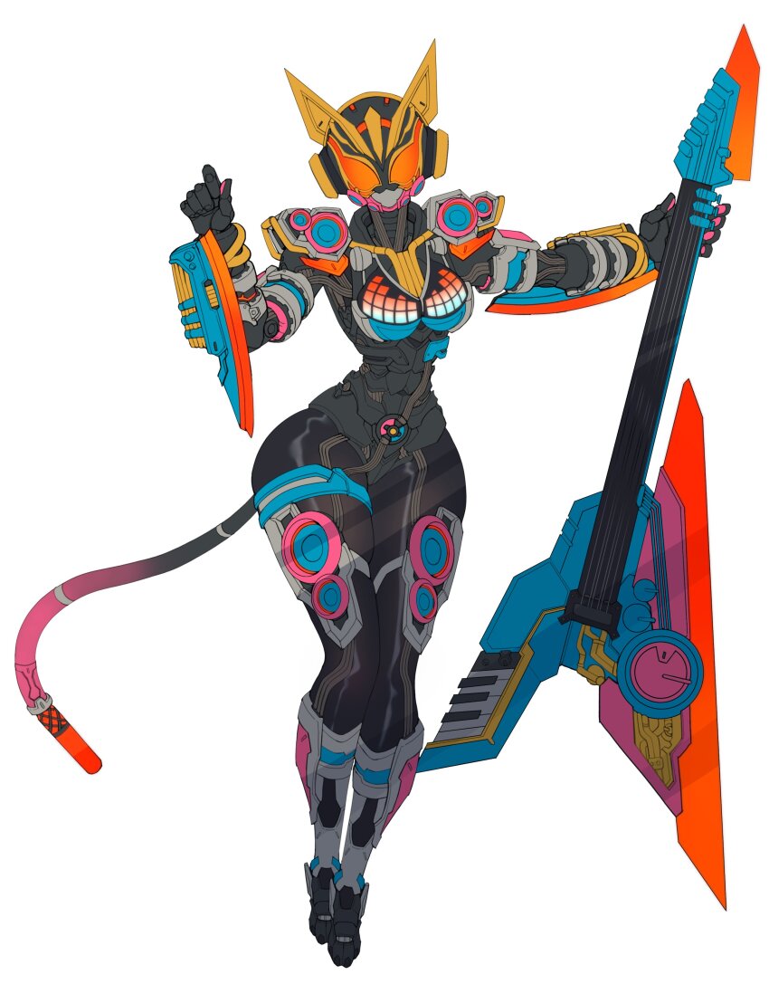 1girl absurdres armor beat_buckle breasts cable cable_tail catball1994 clenched_hand full_body guitar head_tilt highres holding holding_instrument instrument kamen_rider kamen_rider_geats_(series) kamen_rider_na-go looking_at_viewer mechanical_tail medium_breasts orange_eyes power_armor solo tail tokusatsu white_background wide_hips
