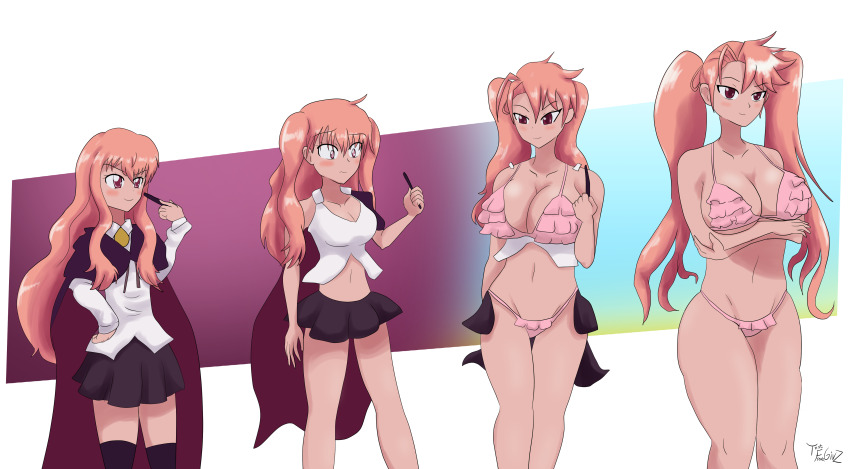absurdres age_progression artist_name artist_request ass_expansion bikini breast_expansion cape_jacket changing_hairstyle clothes_change color_change highres highschool_of_the_dead louise_francoise_le_blanc_de_la_valliere pink_hair red_eyes reincarnation school_uniform swimsuit takagi_saya thatfreakgivz transformation wand zero_no_tsukaima