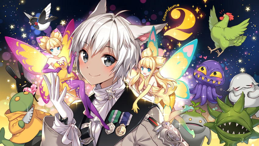 3girls animal animal_ears bad_id bad_pixiv_id bare_shoulders bird blonde_hair blush character_request chicken closed_mouth cone_hair_bun countdown dark_skin dress elbow_gloves eos_(ff14) fairy fairy_wings final_fantasy final_fantasy_xiv gloves gradient_legwear green_legwear grey_eyes grey_jacket hair_between_eyes hair_bun hand_up heart jacket long_hair long_sleeves looking_at_viewer medal miqo&#039;te monster multicolored_legwear multiple_girls nardack octopus purple_gloves purple_legwear scarf selene_(ff14) shirt silver_hair smile star_(symbol) strapless strapless_dress thighhighs ultros very_long_hair warrior_of_light_(ff14) white_gloves white_scarf white_shirt wings yellow_dress yellow_gloves yellow_legwear