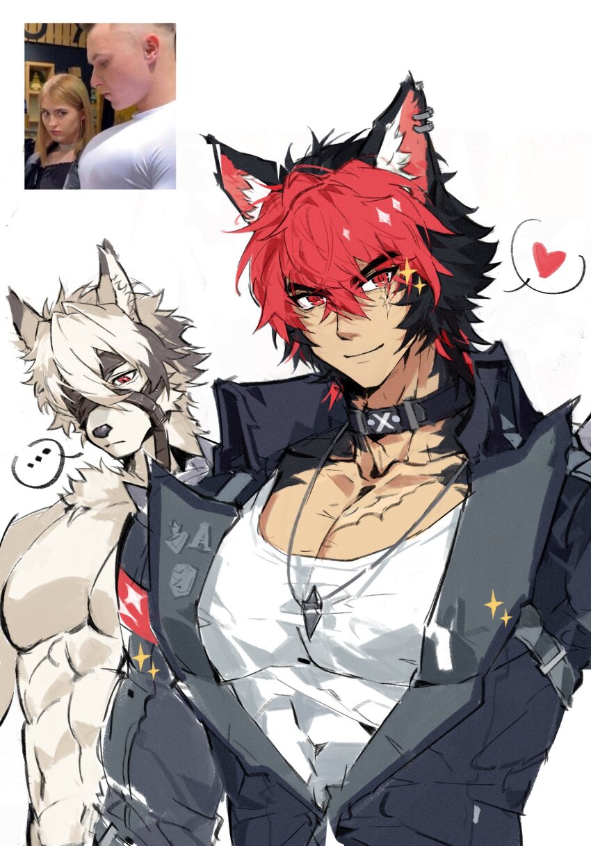 ... 2boys abs animal_ears bara black_jacket closed_mouth collar colored_tips commentary derivative_work earrings english_commentary eyepatch furry furry_male girl_staring_at_guy&#039;s_chest_(meme) haru41113 heart highres jacket jewelry komano_manato looking_down male_focus meme multicolored_hair multiple_boys muscular muscular_male necklace pectorals red_eyes reference_inset scar scar_across_eye scar_on_chest scar_on_face shirt smile sparkle spoken_ellipsis spoken_heart topless_male von_lycaon white_background white_shirt wolf_boy wolf_ears zenless_zone_zero