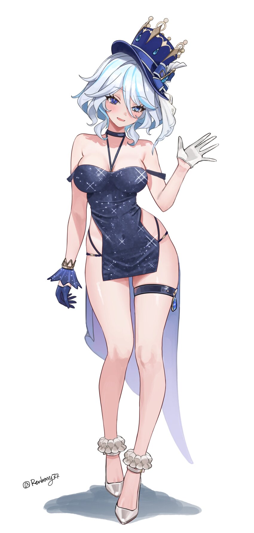 1girl absurdres alternate_costume asymmetrical_gloves bare_shoulders black_dress black_gloves blue_eyes blue_hair blue_hat breasts commentary covered_navel dress full_body furina_(genshin_impact) genshin_impact gloves hair_between_eyes hashtag-only_commentary hat hat_ribbon heterochromia highres looking_at_viewer medium_breasts microdress mismatched_gloves multicolored_hair open_mouth pelvic_curtain renberry77 ribbon shadow shoes short_hair simple_background single_wrist_cuff solo standing streaked_hair tachi-e thigh_strap top_hat twitter_username two-tone_hair white_background white_gloves white_hair white_shoes wrist_cuffs