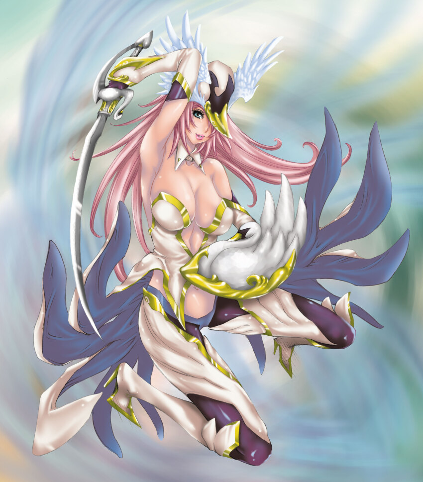 1girl absurdres aqua_eyes breasts cleavage clothing_request commentary detached_collar helmet highres holding holding_shield holding_sword holding_weapon large_breasts long_hair lord_of_vermilion navel nico-pun-nise parted_lips pink_hair saber_(weapon) shield smile solo sword valkyrie_(lord_of_vermilion) very_long_hair warrior weapon winged_helmet