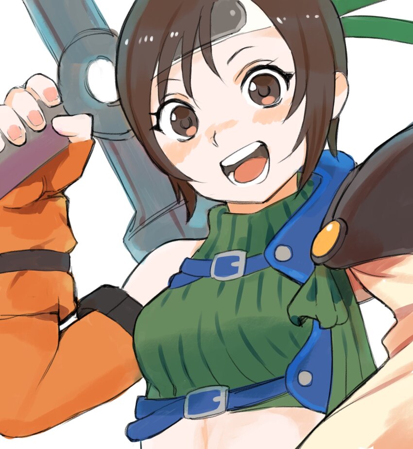 1girl :d belt belt_buckle blue_belt breasts brown_eyes brown_hair buckle cropped_shirt elbow_gloves final_fantasy final_fantasy_vii fingerless_gloves fingernails gan2 gloves green_shirt hand_up headband highres holding holding_weapon medium_breasts midriff open_mouth orange_gloves ribbed_shirt shirt short_hair shuriken simple_background single_bare_shoulder single_shoulder_pad smile solo teeth upper_body weapon white_background white_headband yuffie_kisaragi