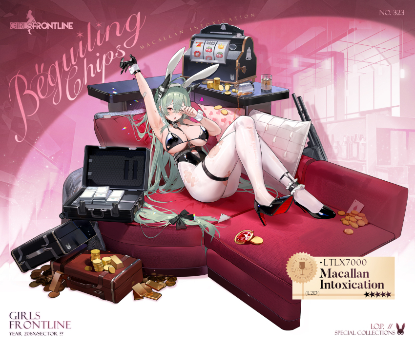 1girl ace_(playing_card) ace_of_diamonds animal_ears arm_up armpits bandaid bandaid_on_arm banknote bell beretta_ltlx_7000 bikini bikini_top_only black_bikini black_gloves black_ribbon black_shoes blush breasts card character_name coin copyright_name corset couch counter crossed_legs cup diamond_(shape) drinking_glass english_text fake_animal_ears gem girls&#039;_frontline gloves gold gold_bar gold_coin green_hair griffin_&amp;_kryuger_logo hair_between_eyes hair_ribbon headgear heart high_heels highres ltlx_7000_(girls&#039;_frontline) ltlx_7000_(macallan_intoxication)_(girls&#039;_frontline) lying mole mole_on_breast money neck_bell nontraditional_playboy_bunny official_alternate_costume official_art one_eye_closed open_suitcase pantyhose pillow pink_background playing_card promotional_art rabbit_ears red_eyes red_gemstone ribbon rubbing_eyes second-party_source shoes slot_machine solo spill star_(symbol) stretching suitcase swimsuit thigh_strap torn_bikini torn_clothes torn_pantyhose white_pantyhose white_wrist_cuffs wrist_cuffs yoyo_(550098)