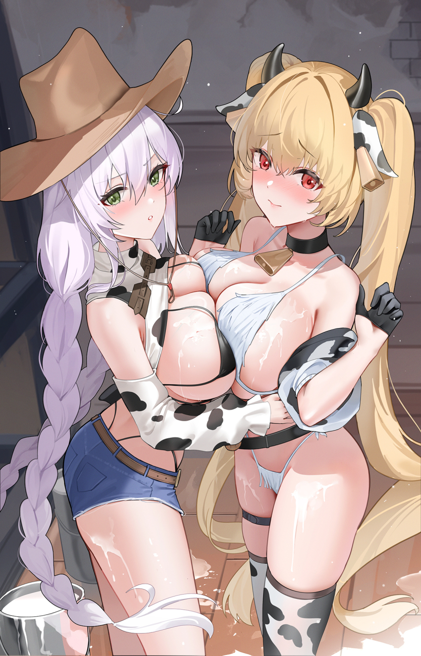 2girls animal_ears animal_print ass azur_lane bare_shoulders bell belt bikini black_bikini black_choker black_gloves blonde_hair blue_shorts blush braid breast_press breasts brown_hat choker cleavage closed_mouth cow_ears cow_horns cow_print cow_print_thighhighs cowbell cowboy_hat cutoffs denim denim_shorts detached_sleeves embarrassed fake_animal_ears fake_horns fargo_(azur_lane) fargo_(dairy_in_the_dreary_sun)_(azur_lane) from_side gloves green_eyes half_gloves hands_up hat highleg highleg_bikini highres horns kersaint_(a_saint&#039;s_mercy_can_do_no_wrong)_(azur_lane) kersaint_(azur_lane) large_breasts long_hair long_sleeves looking_at_viewer looking_to_the_side micro_shorts milk multiple_girls nose_blush official_alternate_costume parted_lips print_thighhighs qing_wu red_eyes short_shorts shorts shrug_(clothing) skindentation sleeveless smile standing string_bikini sweatdrop swimsuit symmetrical_docking thigh_strap thighhighs thighs twin_braids twintails very_long_hair white_bikini white_hair white_shrug white_thighhighs yuri