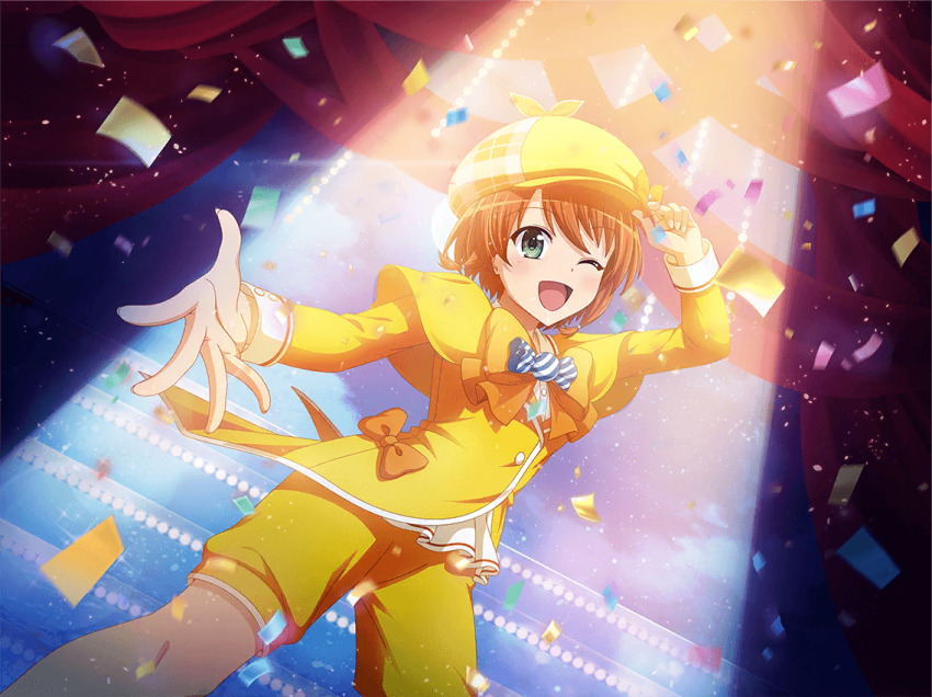 1girl adjusting_clothes adjusting_headwear bow bowtie dress game_cg green_eyes hat hat_bow long_sleeves looking_at_viewer newsboy_cap official_art one_eye_closed open_mouth orange_bow orange_bowtie orange_hair reaching reaching_towards_viewer short_hair shorts shoujo_kageki_revue_starlight shoujo_kageki_revue_starlight_-re_live- solo spotlight stage standing tantei_opera_milky_holmes upper_body yellow_dress yellow_hat yellow_shorts yuzurizaki_nero