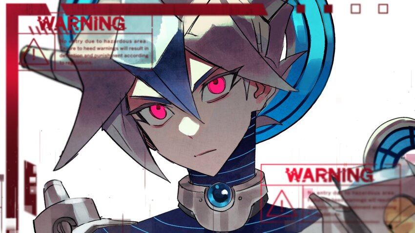 1boy blue_hair comic cosplay english_text expressionless firewall_dragon firewall_dragon_(cosplay) grey_hair halo head_tilt highres korean_commentary male_focus multicolored_hair o_o_oim personification pink_eyes portrait short_hair solo two-tone_hair yu-gi-oh! yu-gi-oh!_cross_duel